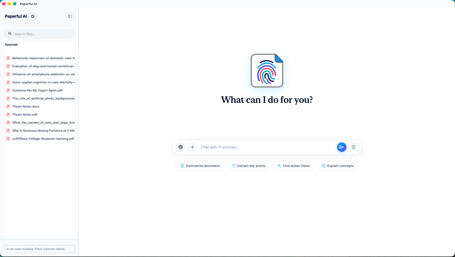 Paperful AI Startansicht im hellen Modus mit indexierten Quellen