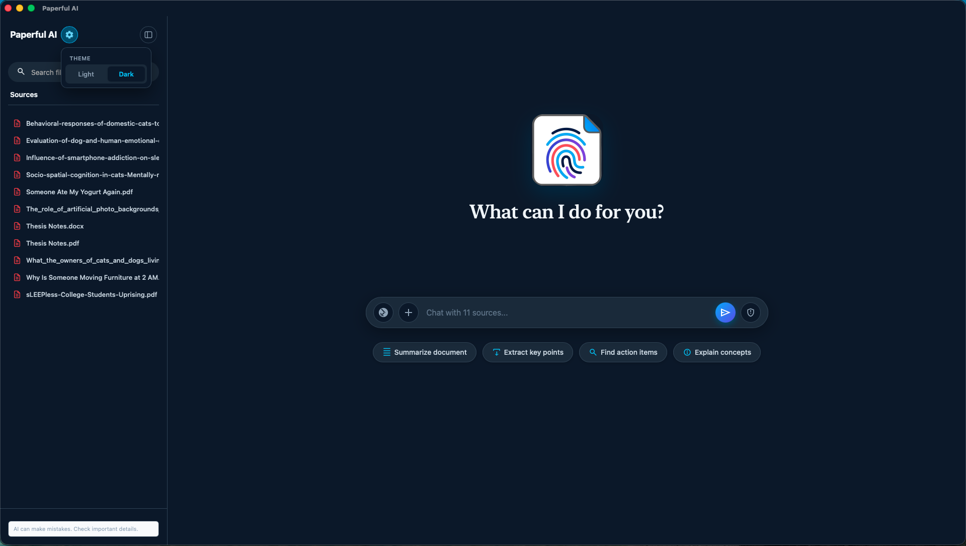 Paperful AI im dunklen Modus mit geöffnetem Design-Menü